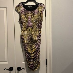 Women's Printed Ruched Sheath Dress - Purple & Yellow